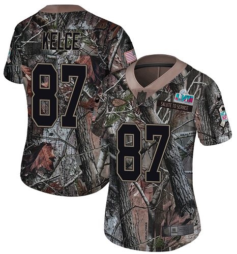 Chiefs #87 Travis Kelce Camo Super Bowl LVII Patch Women's Stitched Limited Rush Realtree Jersey