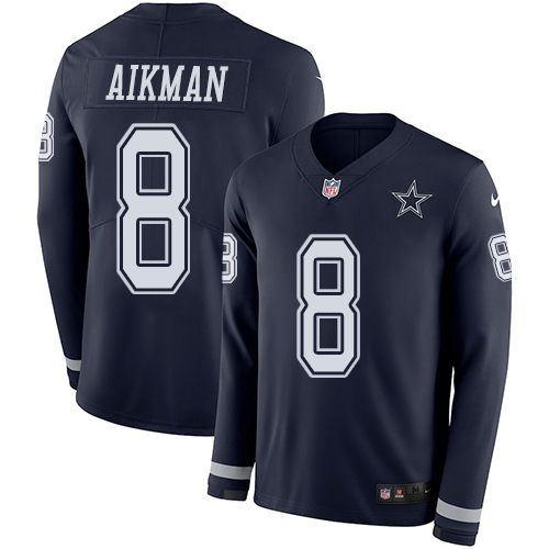 Dallas Cowboys #8 Troy Aikman Navy Blue Team Color Men's Stitched Limited Therma Long Sleeve Jersey Men's