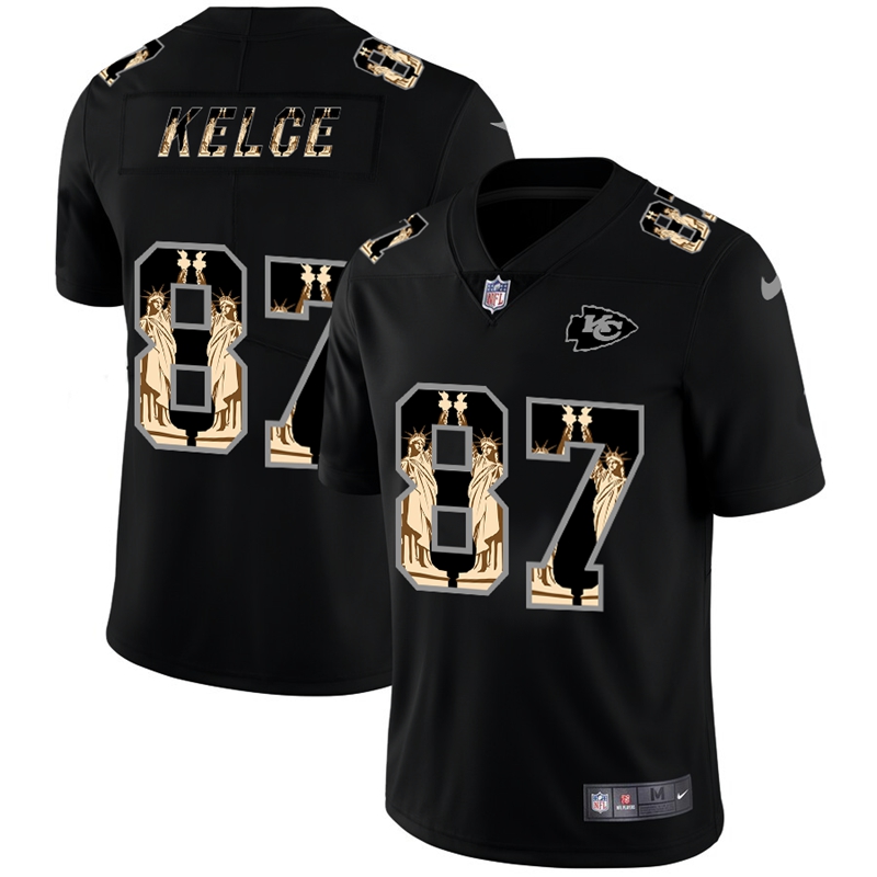 Kansas City Chiefs #87 Travis Kelce Carbon Black Vapor Statue Of Liberty Limited Jersey