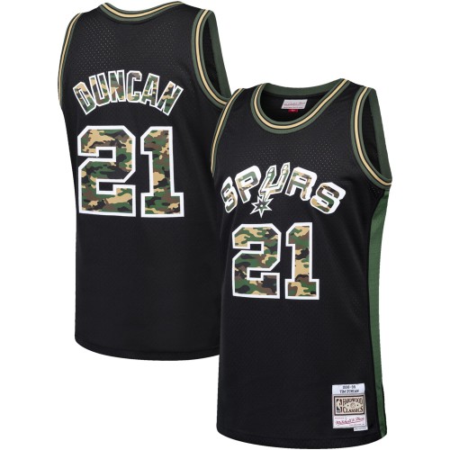 San Antonio Spurs #21 Tim Duncan Black Mitchell & Ness Straight Fire Camo Swingman Jersey Mens