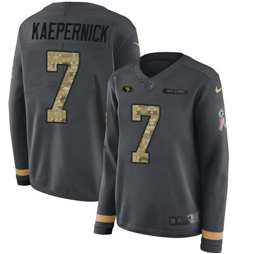 San Francisco 49ers #7 Colin Kaepernick Anthracite Salute to Service Women's Stitched Limited Therma Long Sleeve Jersey Womens