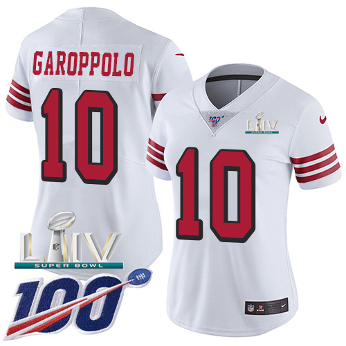 49ers #10 Jimmy Garoppolo White Super Bowl LIV 2020 Rush Women's Stitched Limited 100th Season Jersey