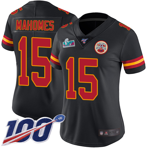 Chiefs #15 Patrick Mahomes Black Super Bowl LVII Patch Women's Stitched Limited Rush 100th Season Jersey