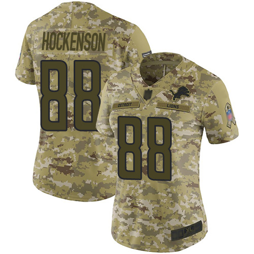 Detroit Lions #88 T.J. Hockenson Camo Women's Stitched Limited 2018 Salute to Service Jersey Womens