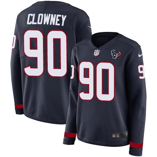 Houston Texans #90 Jadeveon Clowney Navy Blue Team Color Women's Stitched Limited Therma Long Sleeve Jersey Womens