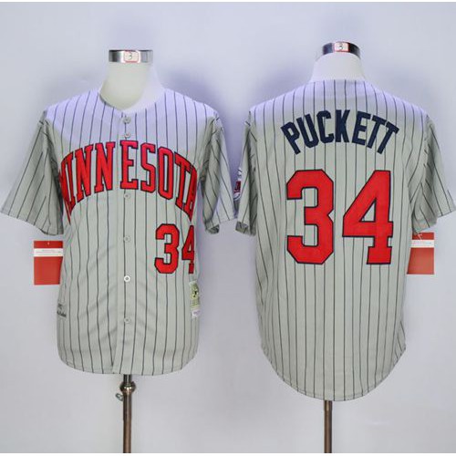 Mitchell And Ness 1987 Minnesota Twins #34 Kirby Puckett Grey Throwback Stitched Jersey Men's