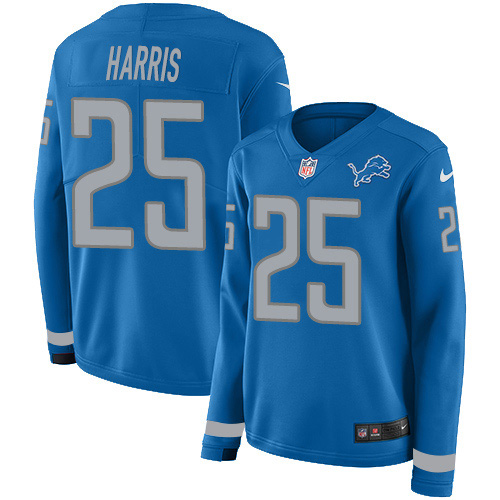 Detroit Lions #25 Will Harris Blue Team Color Women's Stitched Limited Therma Long Sleeve Jersey Womens