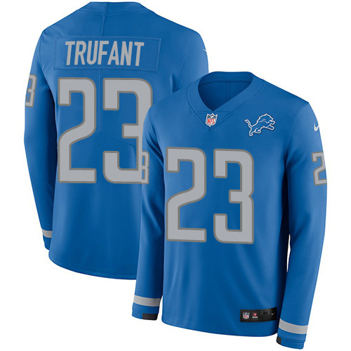 Detroit Lions #23 Desmond Trufant Blue Team Color Men's Stitched Limited Therma Long Sleeve Jersey Men's