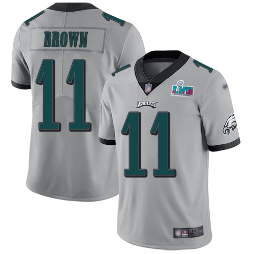 Eagles #11 A.J. Brown Silver Super Bowl LVII Patch Men's Stitched Limited Inverted Legend Jersey