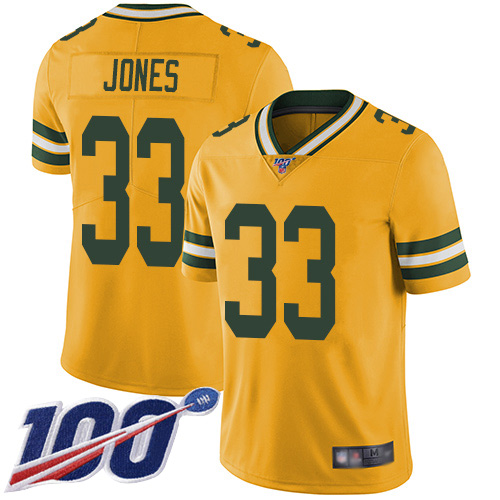 Packers #33 Aaron Jones Yellow Men's Stitched Limited Rush 100th Season Jersey
