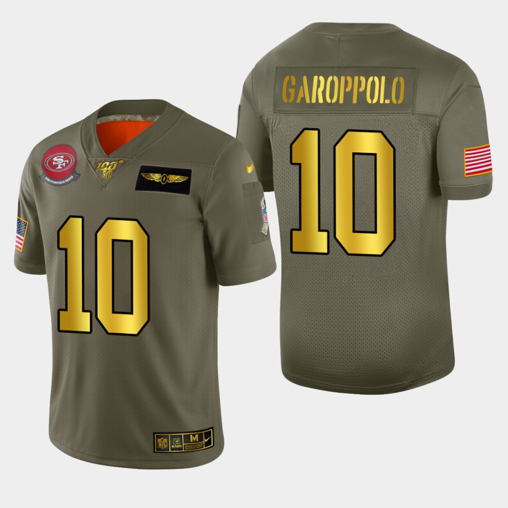 49ers #10 Jimmy Garoppolo Men's Olive Gold 2019 Salute To Service 100 Limited Jersey