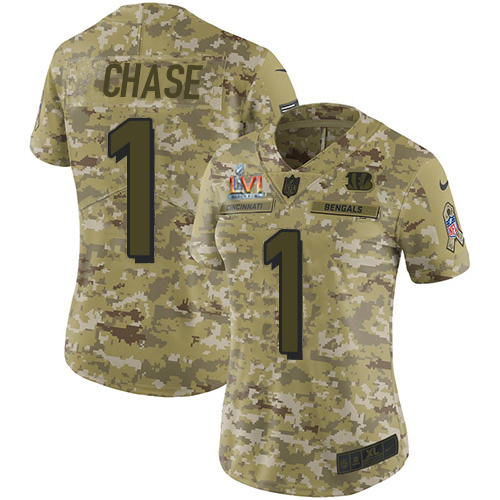 Bengals #1 Ja'Marr Chase Camo Super Bowl LVI Patch Women's Stitched Limited 2018 Salute To Service Jersey