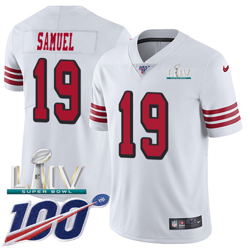 49ers #19 Deebo Samuel White Super Bowl LIV 2020 Rush Youth Stitched Limited 100th Season Jersey