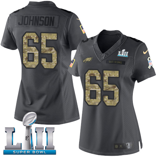 Philadelphia Eagles #65 Lane Johnson Black Super Bowl LII Women's Stitched Limited 2016 Salute to Service Jersey Womens