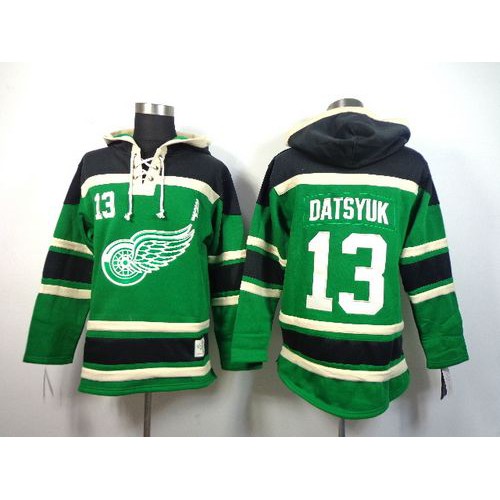 Detroit Red Wings #13 Pavel Datsyuk Green St. Patrick's Day McNary Lace Hoodie Stitched Jersey Men's