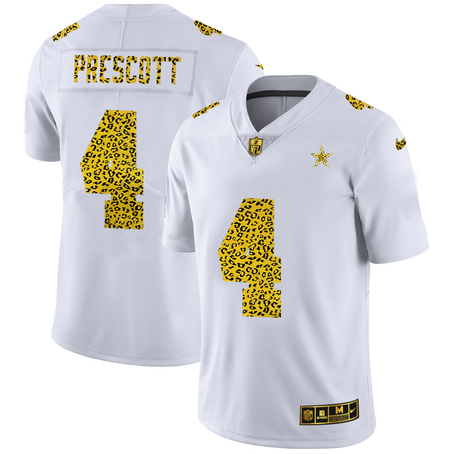 Dallas Cowboys #4 Dak Prescott Men's Flocked Leopard Print Vapor Limited Jersey White
