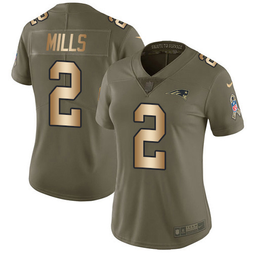 Patriots #2 Jalen Mills Olive/Gold Women's Stitched Limited 2017 Salute To Service Jersey