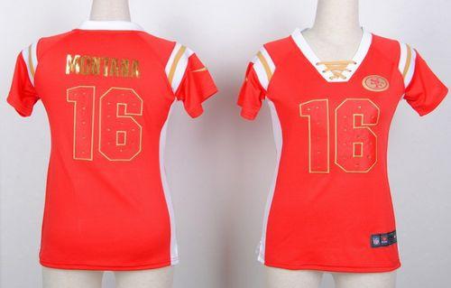 49ers #16 Joe Montana Red Women's Stitched Elite Draft Him Shimmer Jersey