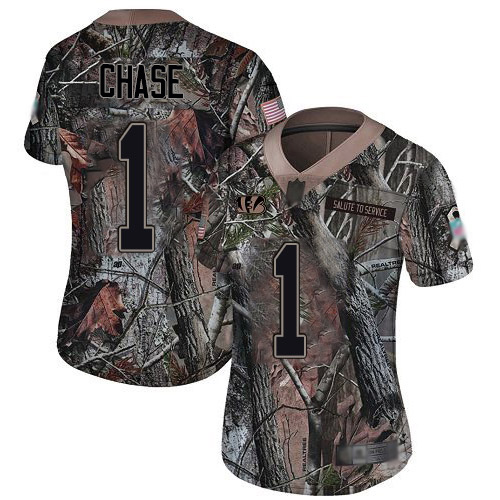 Bengals #1 Ja'Marr Chase Camo Women's Stitched Limited Rush Realtree Jersey
