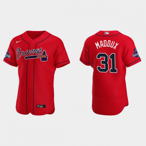 Atlanta Atlanta Braves #31 Greg Maddux Men's 2021 World Series Champions Patch Authentic Player Jersey - Red Men's