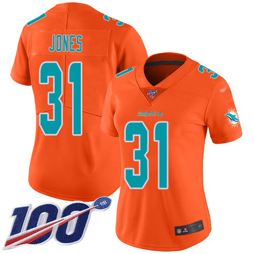 Miami Dolphins #31 Byron Jones Orange Women's Stitched Limited Inverted Legend 100th Season Jersey Womens