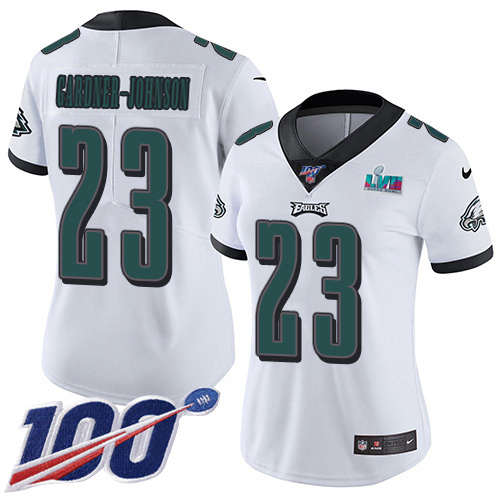 Eagles #23 C.J. Gardner-Johnson White Super Bowl LVII Patch Women's Stitched 100th Season Vapor Untouchable Limited Jersey