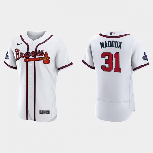 Atlanta Atlanta Braves #31 Greg Maddux Men's 2021 World Series Champions Patch Authentic Player Jersey - White Men's