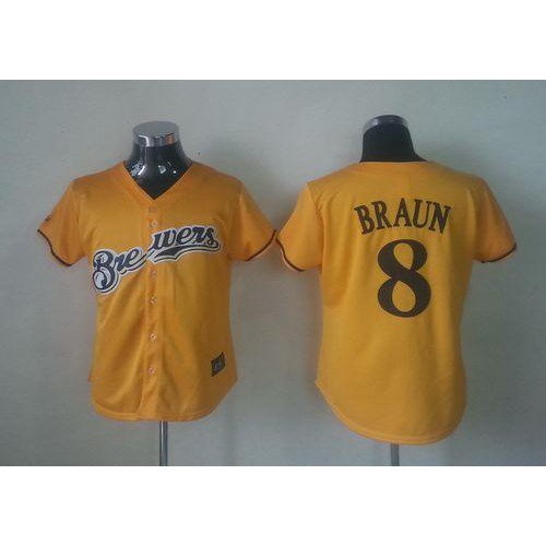 Milwaukee Brewers #8 Ryan Braun Yellow Alternate Cool Base Women's Stitched Jersey Womens
