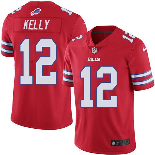 Bills #12 Jim Kelly Red Youth Stitched Limited Rush Jersey