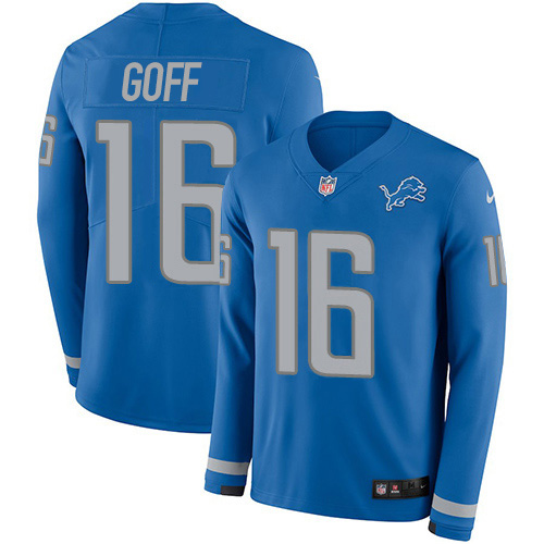 Detroit Lions #16 Jared Goff Blue Team Color Youth Stitched Limited Therma Long Sleeve Jersey