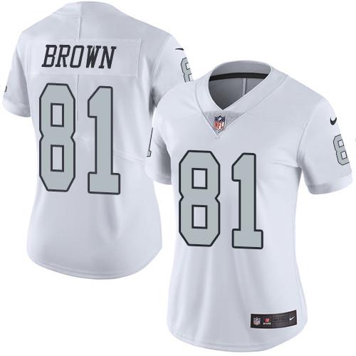 Las Vegas Raiders #81 Tim Brown White Women's Stitched Limited Rush Jersey Womens