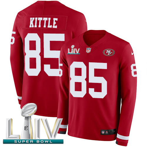 49ers #85 George Kittle Red Super Bowl LIV 2020 Team Color Men's Stitched Limited Therma Long Sleeve Jersey