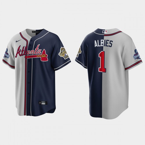 Atlanta Atlanta Braves #1 Ozzie Albies Men's 2021 World Series Champions 1995 Throwback Split Gray Navy Stitched Jersey Men's