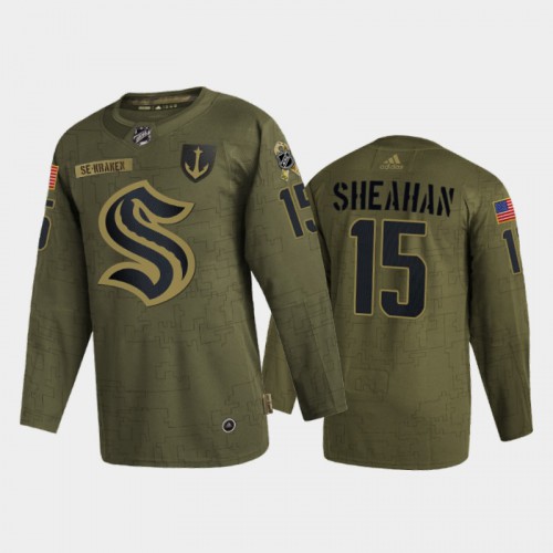Seattle Seattle Kraken #15 Riley Sheahan Men's Adidas Veterans Day 2022 Military Appreciation Jersey - Olive Men's