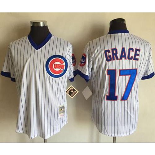Mitchell And Ness Chicago Cubs #17 Mark Grace White(Blue Strip) Throwback Stitched Jersey Men's