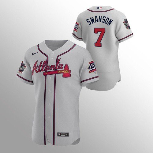 Atlanta Atlanta Braves #7 Dansby Swanson Men's 150th Anniversary 2021 World Series Authentic Jersey - Grey Men's