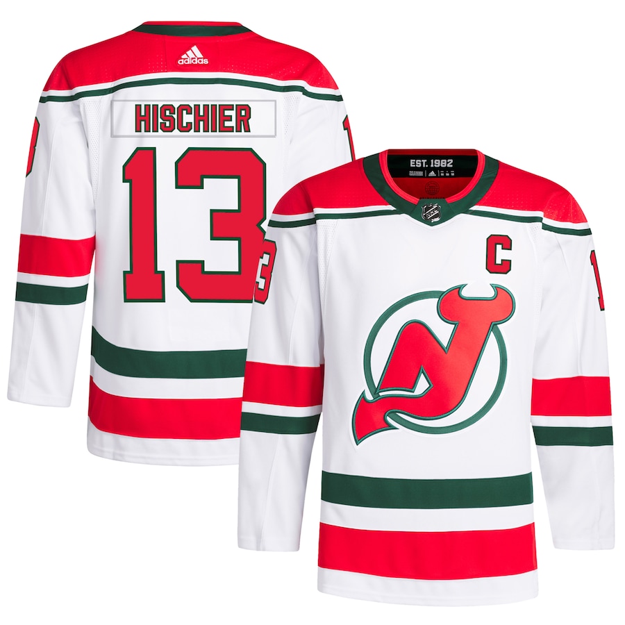 New Jersey Devils #13 Nico Hischier Men's Adidas White 2022-23 Heritage Primegreen Authentic Pro Jersey
