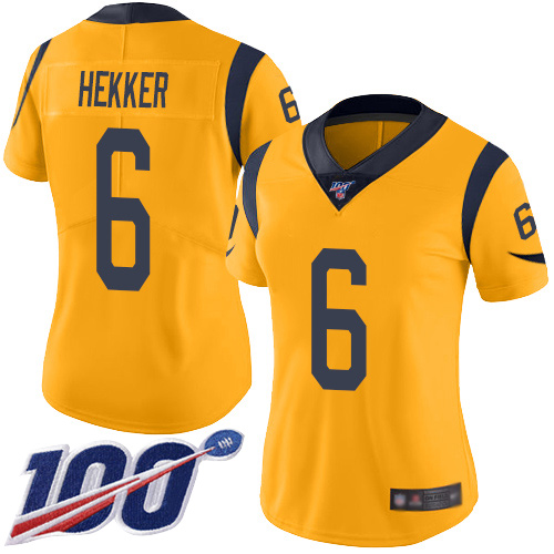 Los Angeles Rams #6 Johnny Hekker Gold Women's Stitched Limited Rush 100th Season Jersey Womens