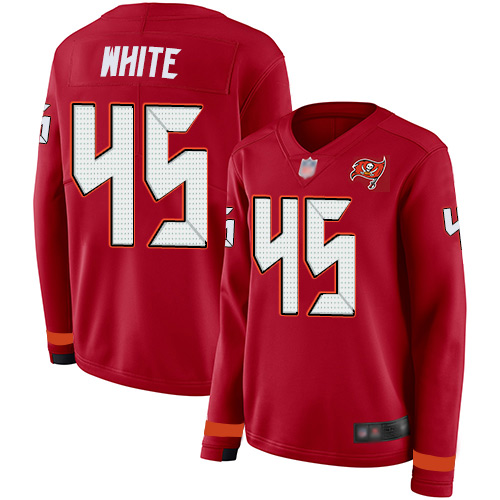 Buccaneers #45 Devin White Red Team Color Women's Stitched Limited Therma Long Sleeve Jersey