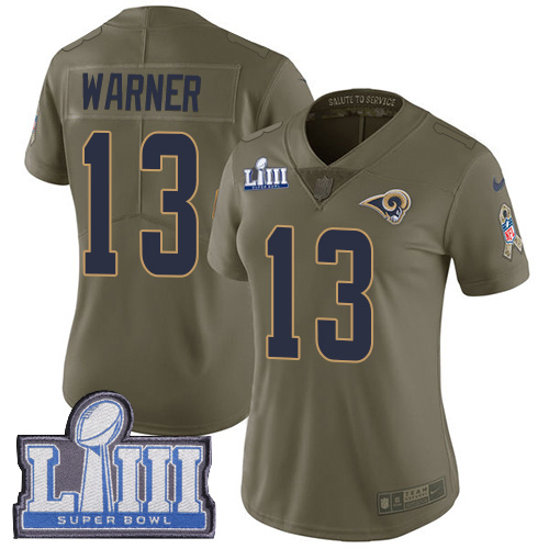 Los Angeles Rams #13 Kurt Warner Olive Super Bowl LIII Bound Women's Stitched Limited 2017 Salute to Service Jersey Womens