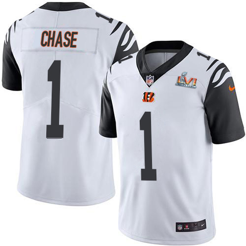 Bengals #1 Ja'Marr Chase White Super Bowl LVI Patch Youth Stitched Limited Rush Jersey