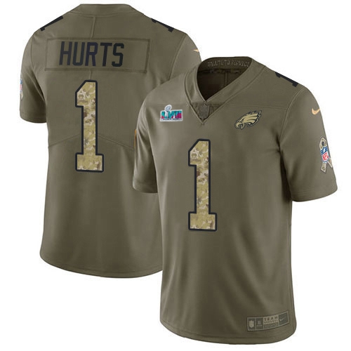Eagles #1 Jalen Hurts Olive/Camo Super Bowl LVII Patch Men's Stitched Limited 2017 Salute To Service Jersey