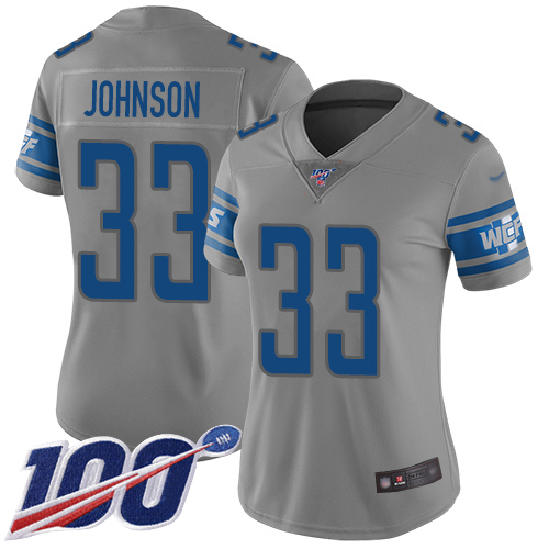 Detroit Lions #33 Kerryon Johnson Gray Women's Stitched Limited Inverted Legend 100th Season Jersey Womens
