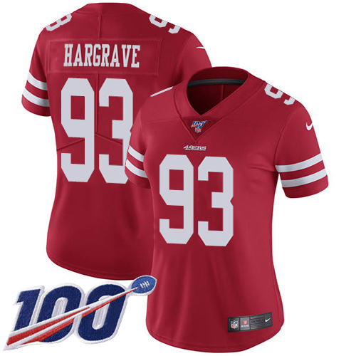 49ers #93 Javon Hargrave Red Team Color Women's Stitched 100th Season Vapor Limited Jersey