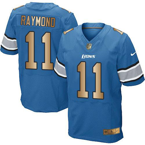 Lions #11 Kalif Raymond Blue Team Color Men's Stitched Elite Gold Jersey