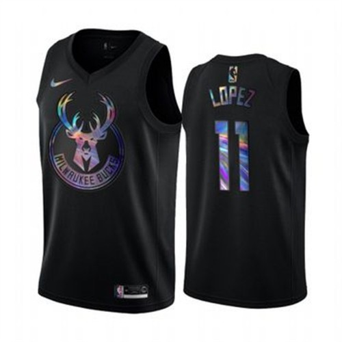 Milwaukee Bucks #11 Brook Lopez Mens Iridescent Holographic Collection Jersey - Black Mens