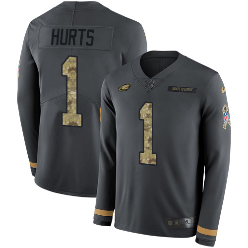Eagles #1 Jalen Hurts Anthracite Salute To Service Youth Stitched Limited Therma Long Sleeve Jersey