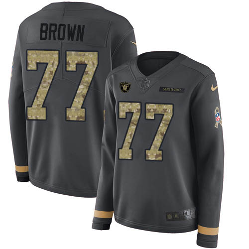Las Vegas Raiders #77 Trent Brown Anthracite Salute to Service Women's Stitched Limited Therma Long Sleeve Jersey Womens