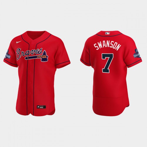 Atlanta Atlanta Braves #7 Dansby Swanson Men's 2021 World Series Champions Patch Authentic Player Jersey - Red Men's