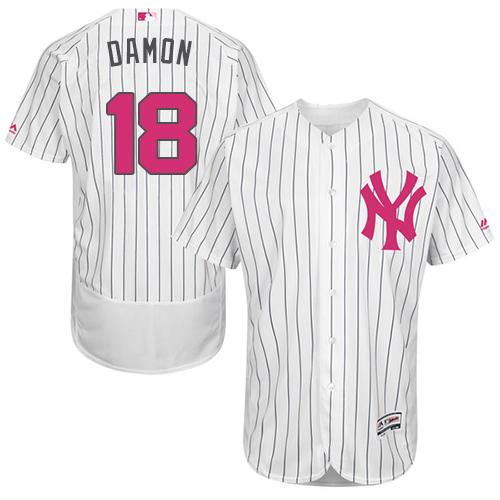 New York Yankees #18 Johnny Damon White Strip Flexbase Authentic Collection Mother's Day Stitched Jersey Men's